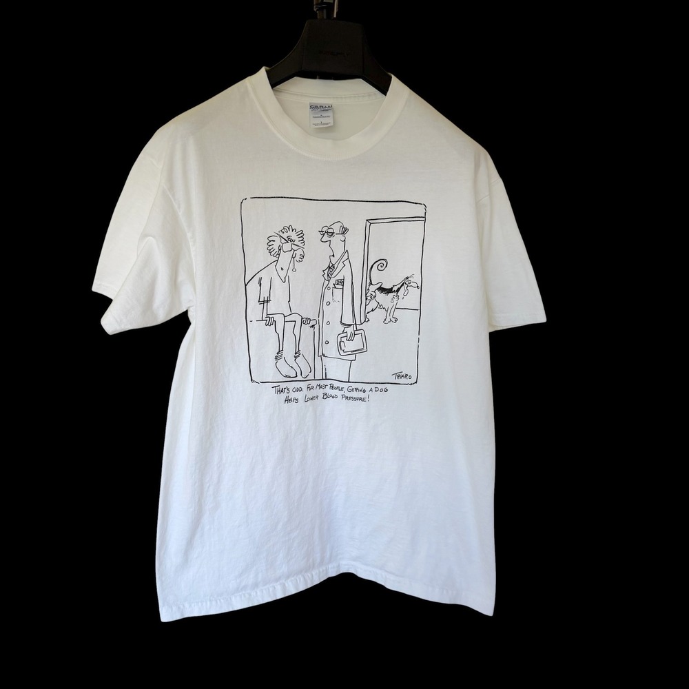 90's Gildan Bizarro Comic Dan Trifiro Dog Blood Pressure T-Shirt White L